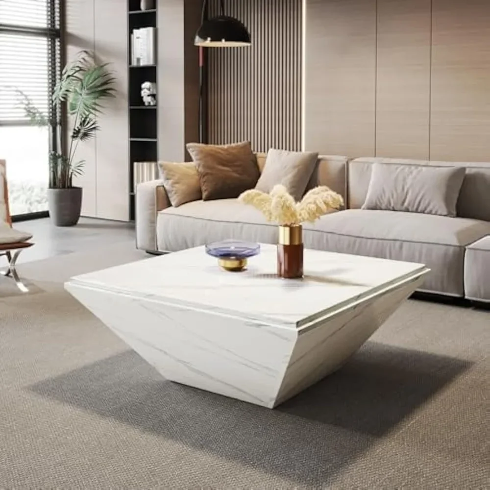 

Coffee Table, Square Coffee Table with Faux Marble Tabletop, 35.43-Inch Modern Living Room Table, Large Wood Cocktail