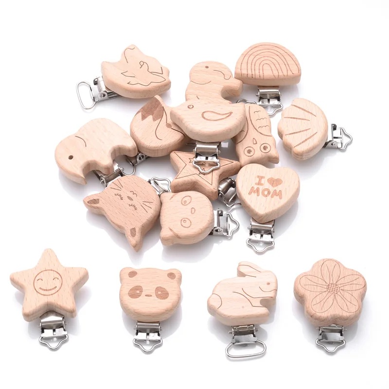 1Pcs Printing Animal Dummy Clip Beech Wood Nipple Clip For Teether Chewing Toys Accessory DIY Anti-Drop Baby Pacifier Chain