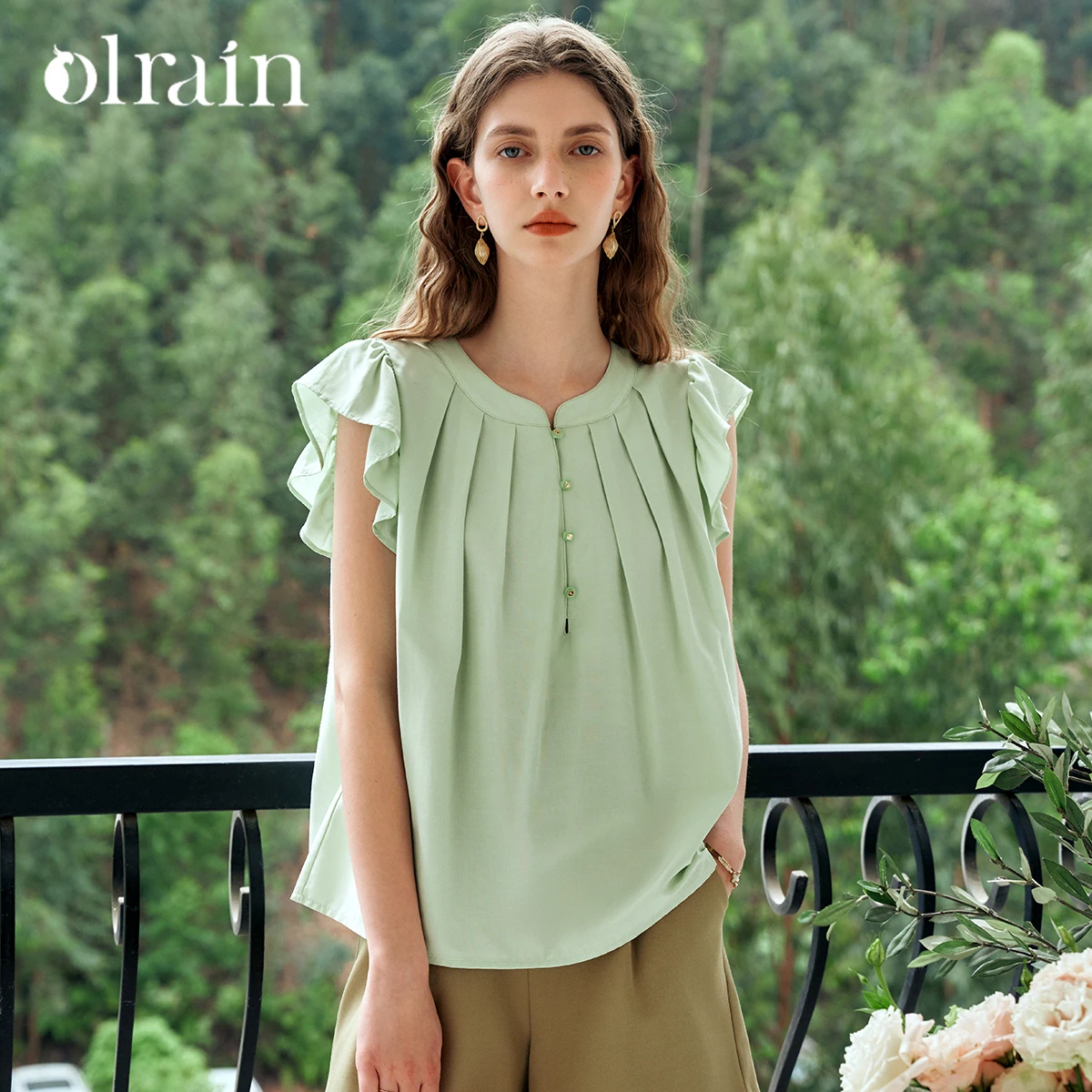 

OLrain Light Lime Women Blouses 2025 Spring Summer Sweet Loose Casual Ruffled Flying Sleeve Folds Chic Button Shirt O24XC91510