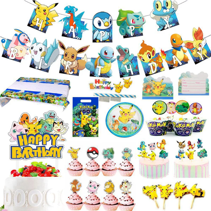 Pokemon Go Tema Navidad y cumpleañosJuego de decoración para fiesta - Favores para niños Vajilla Tazas Platos Pikachu Globos Banner Suministros