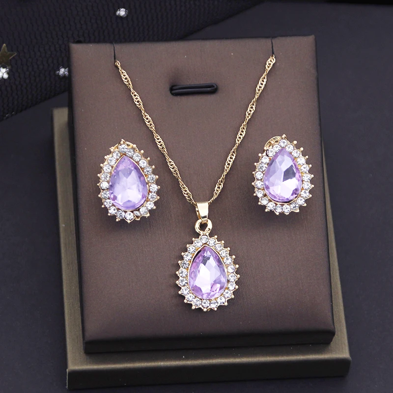 Waterdrop Crystal Pendants Necklace Earrings Sets for Women Jewelry Set Bridal Wedding Choker Neckalce Sets Fashion