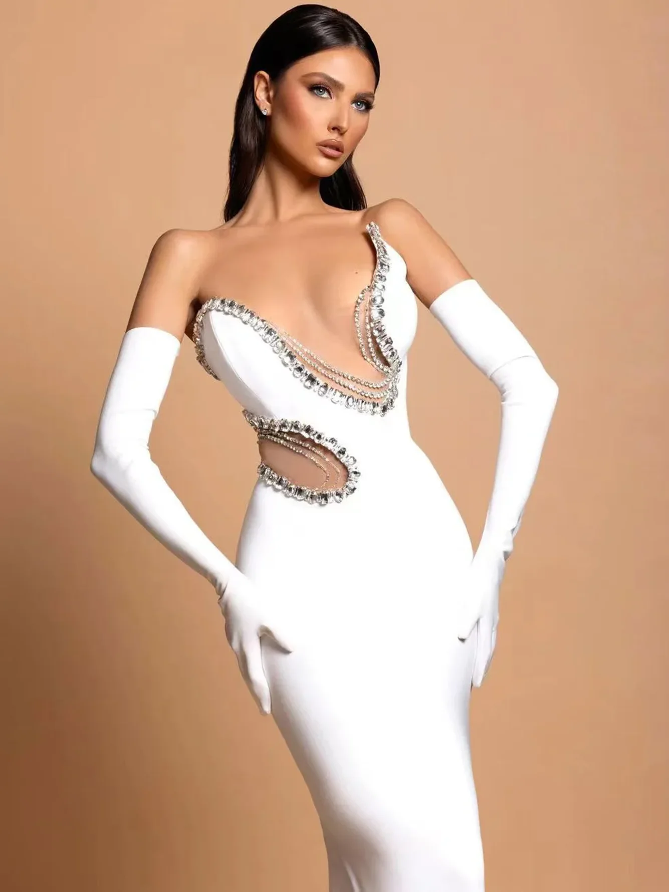 High Quality Women'S Sexy Strapless Backless Shiny Diamond Crystal Mesh Patchwork Bandage Maxi Dress Celebrity Party Dress