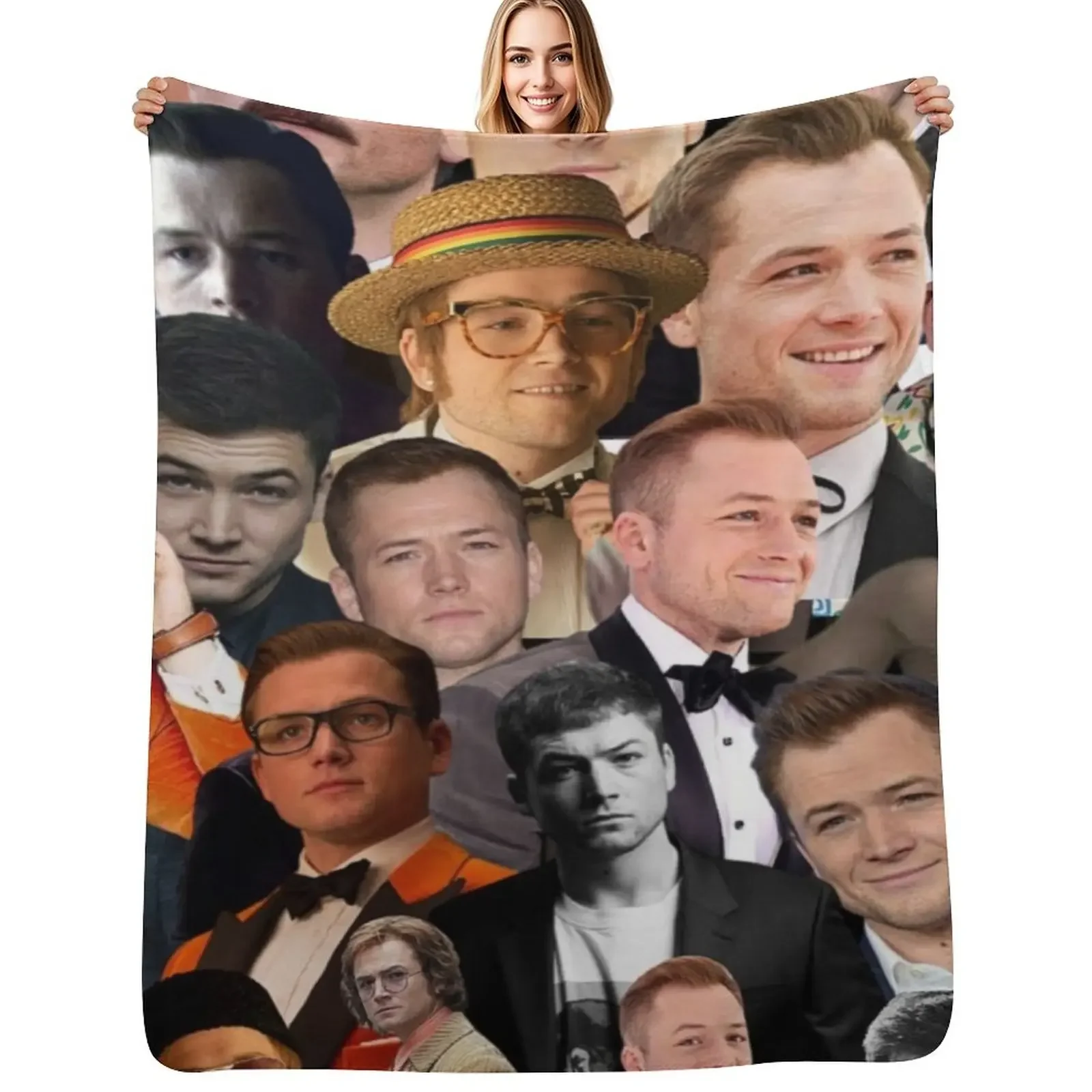 

taron egerton photo collage Throw Blanket anime Decorative Sofa Soft Plaid Flannel Fabric Blanket