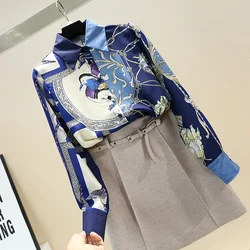 Women's Spring Autumn Shirts Korean Commuter Lapel Print Long-sleeved Blouse New Loose Female Slimming Tops GD488