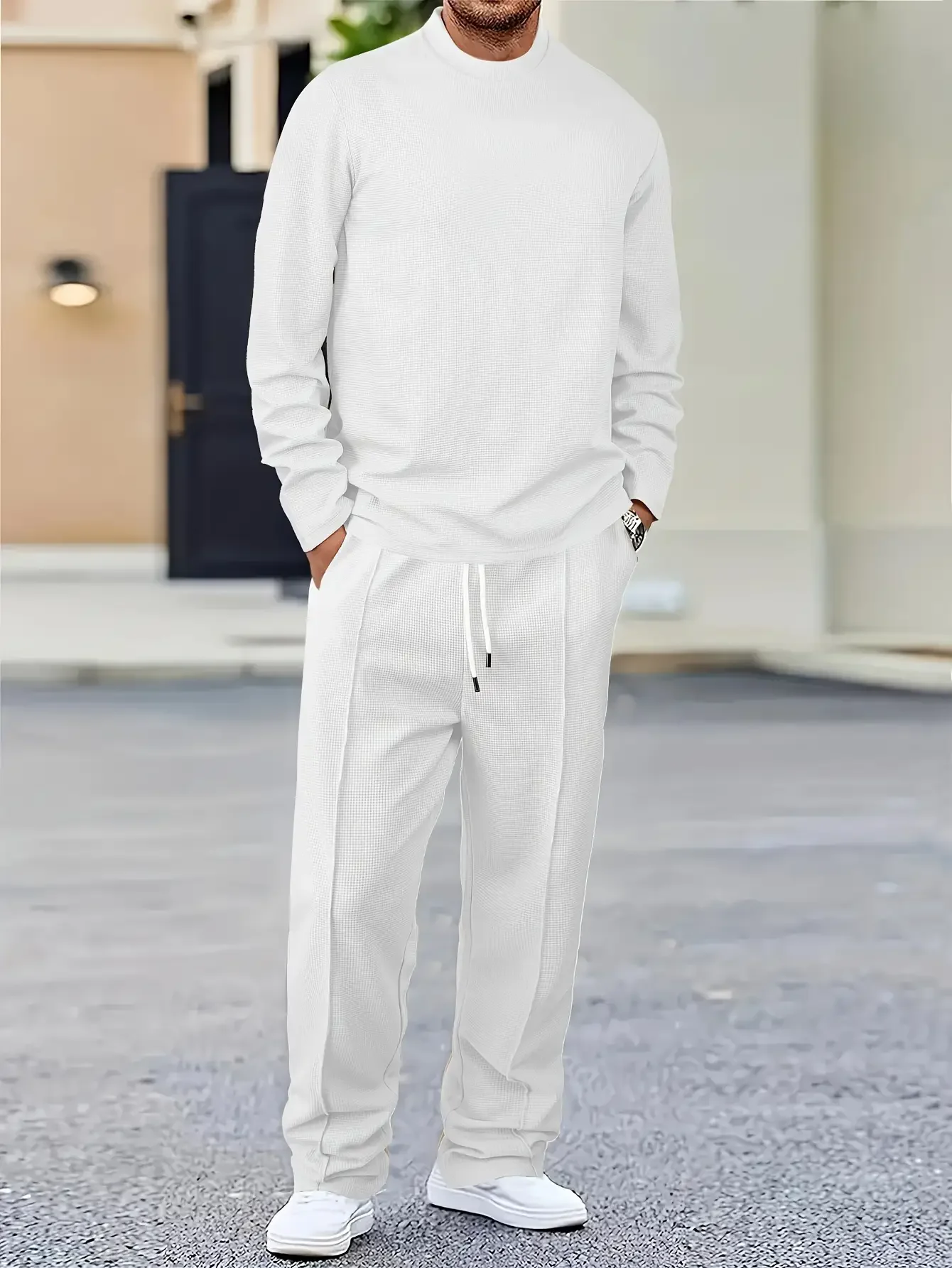 

Men's 2-piece solid color waffle plaid casual suit top long sleeved round neck long sleeved pullover sweatshirt and solid color