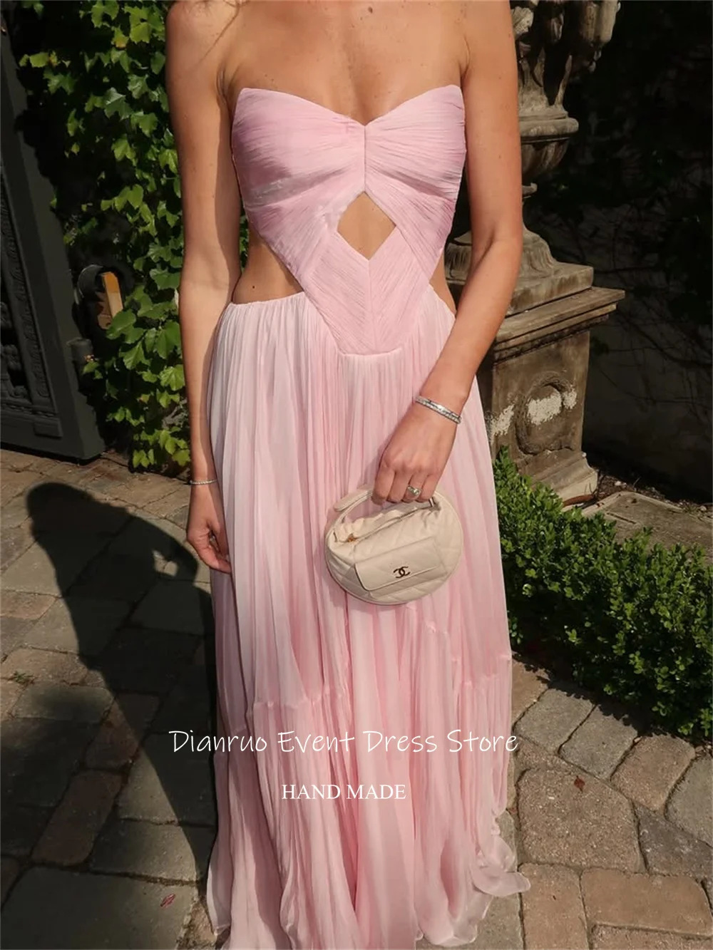디안루오 핑크 러플 스윗하트 이브닝 드레스 A라인 컷아웃 파티 가운 우아한 쉬폰 드레스 여성용 2025 맞춤 제작