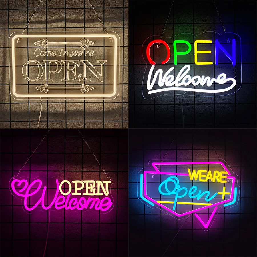 Letrero abierto de neón LED para negocios, luces de neón LED para fiestas, bar, tiendas de salón, decoración de pared de hotel, viene en estamos abiertos, alimentado por USB