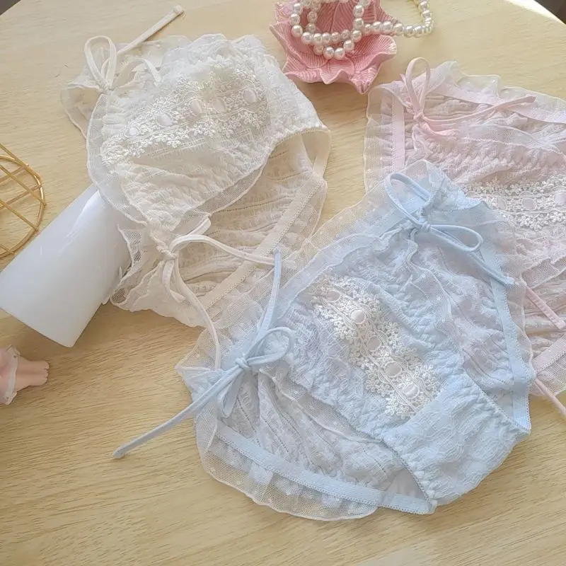 Women Sexy Lace Flower Cotton Underwear Ruffle Princess Style Cute Lovely Sweety Female Panties Tie Strap Breathable Breifs