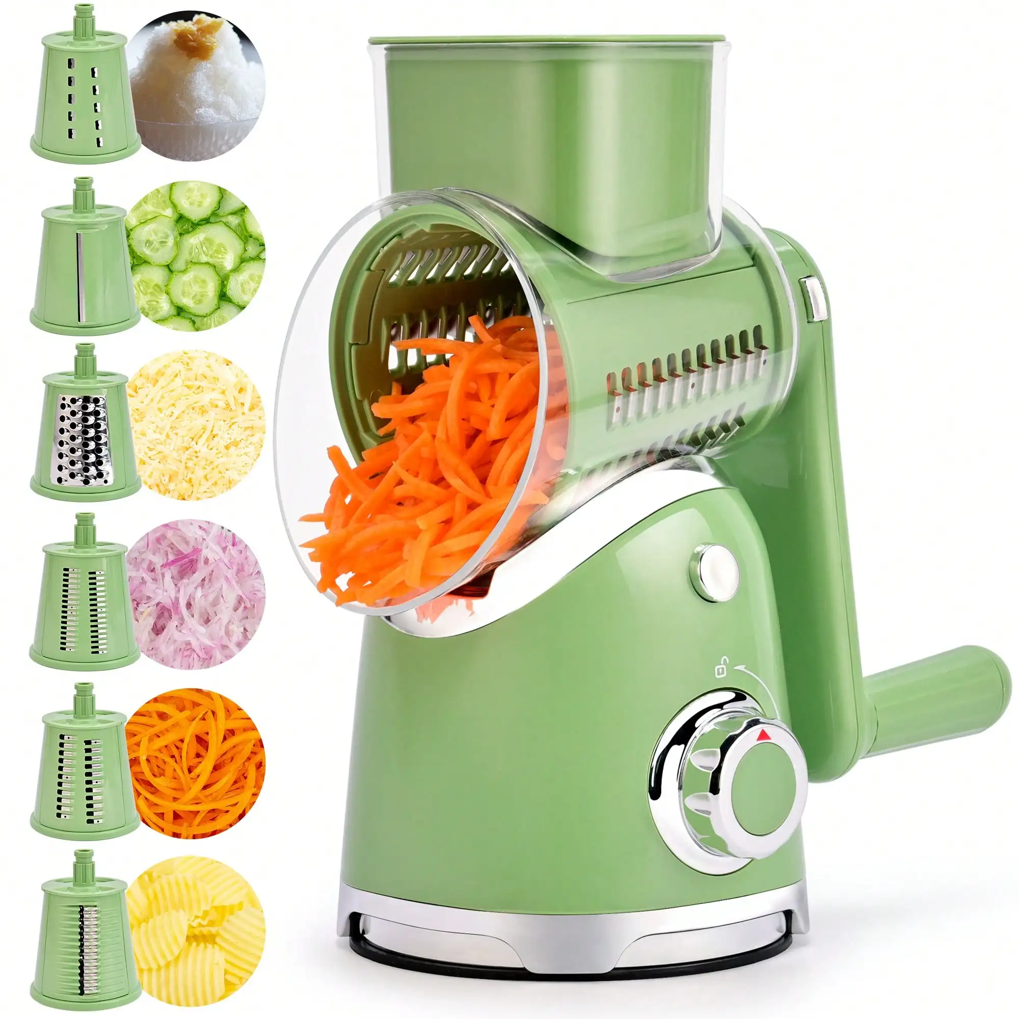 Rotary Cheese Grater with Handle Manual Vegetable Slicer 6 Interchangeable Blades Suction Base Kitchen Shredder for Fruit Vegetable Nut