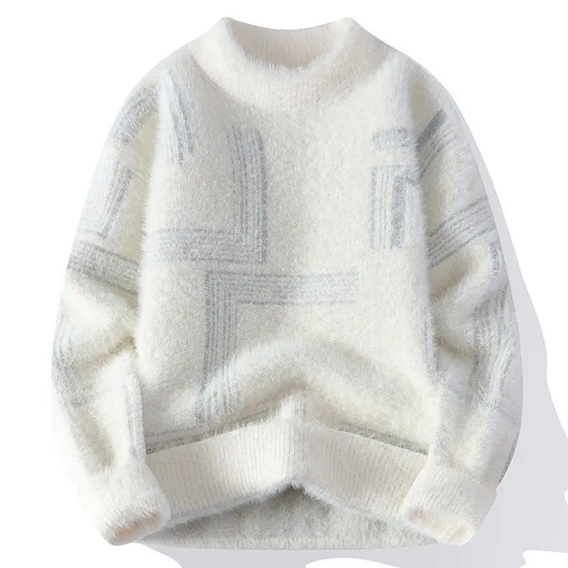 Men's Imitated Mink Sweater Half-neck Collar Jacquard Lazy Style Knitted Base Pullovers Thickened Casual Fashion Warm Sweaters