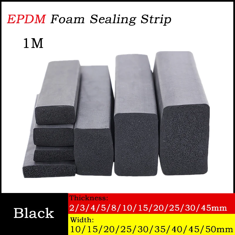 

1M T: 2~45mm W: 10~50mm Black EPDM Foam Sealing Strip Sear-resistant Flat Square Strip EPDM Sponge Sealing Strip
