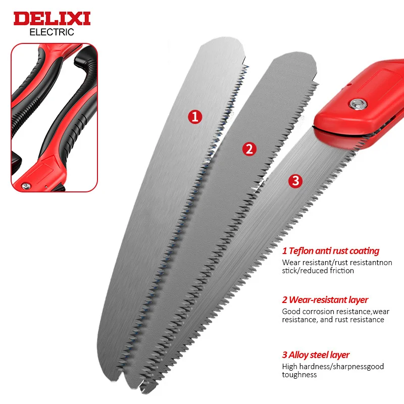 DELIXI ELECTRIC Folding Saw，SK9 steel One-button Folding Design，Sharp Cutting Wood,Camping,GardensPruning Saw,Tree Chopper Knife image 3