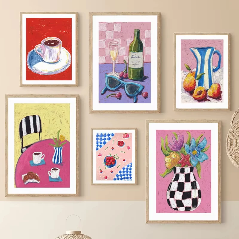 Retro Dopamine Lifestyle Poster Abstract frameless canvas art featuring vases, sunglasses, coffee, and fruit living room decor