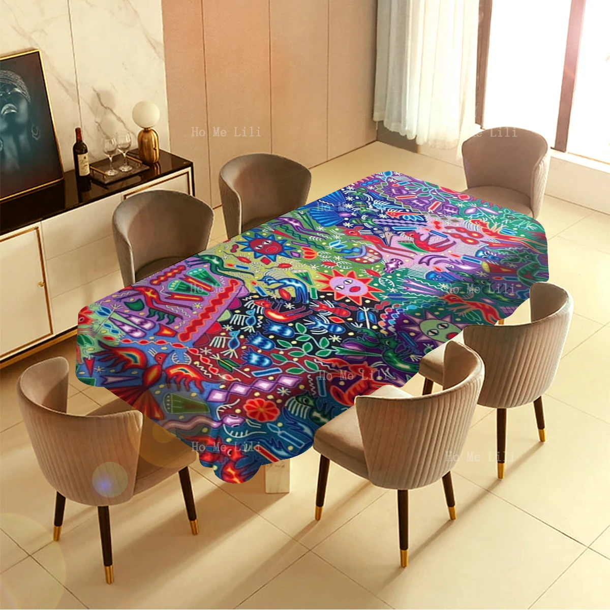 Huichol Yarn Painting Culture Symbology Mexican Folk Art Wixarika Extraordinary Artwork Polyester Fabric Tablecloth