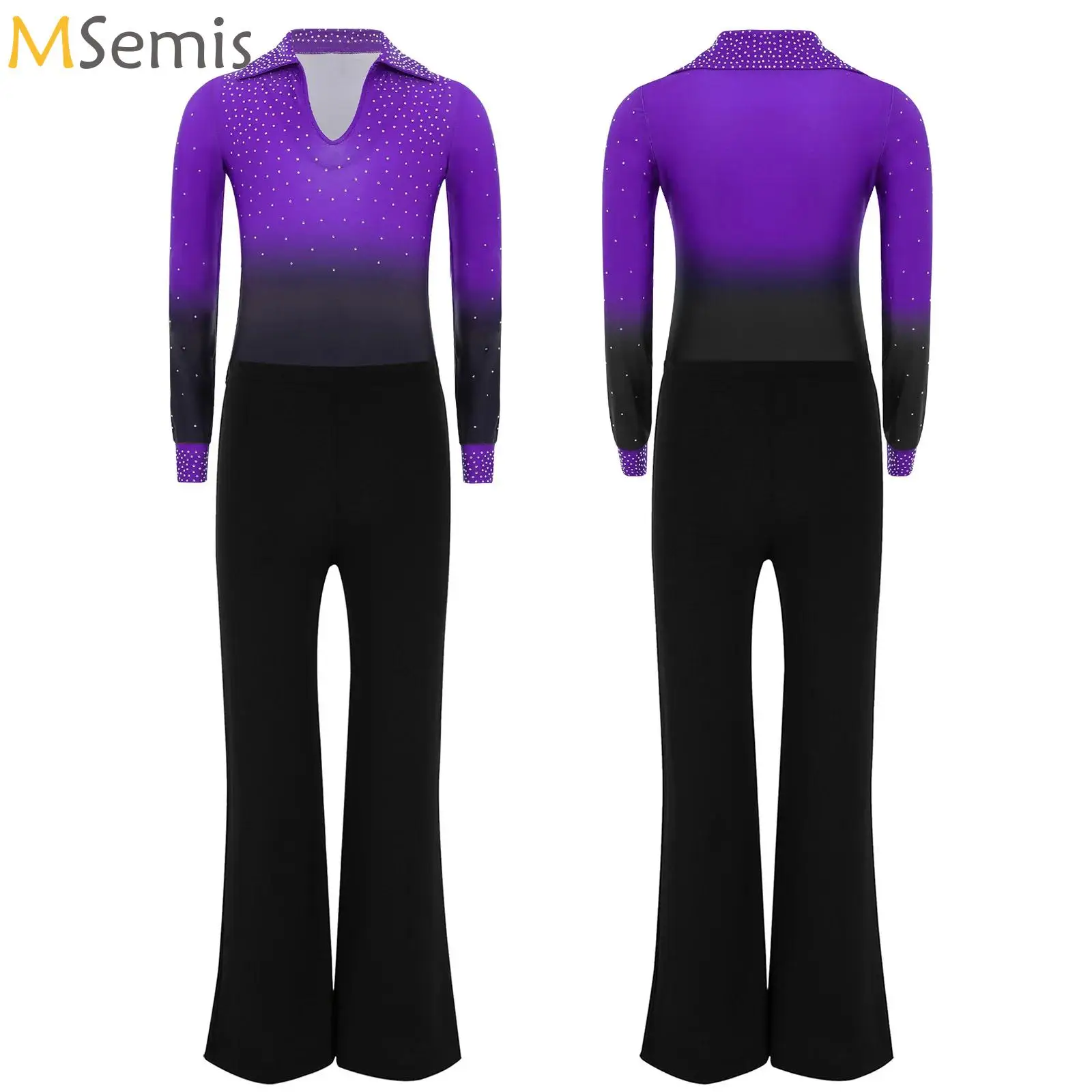 

Kids Boys Latin Dance Suit Gradient Color Rhinestones Ballet Leotard Shirt with Pants Set Ballroom Competition Performance Wear