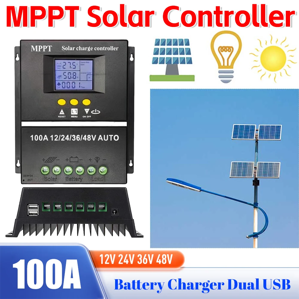 

Контроллер солнечной зарядки MPPT, 100 А, ЖК-дисплей, солнечное фотоэлектрическое зарядное устройство, двойной USB 12 В, 24 В, 36 В, 48 В, автоматический контроллер заряда солнечной батареи