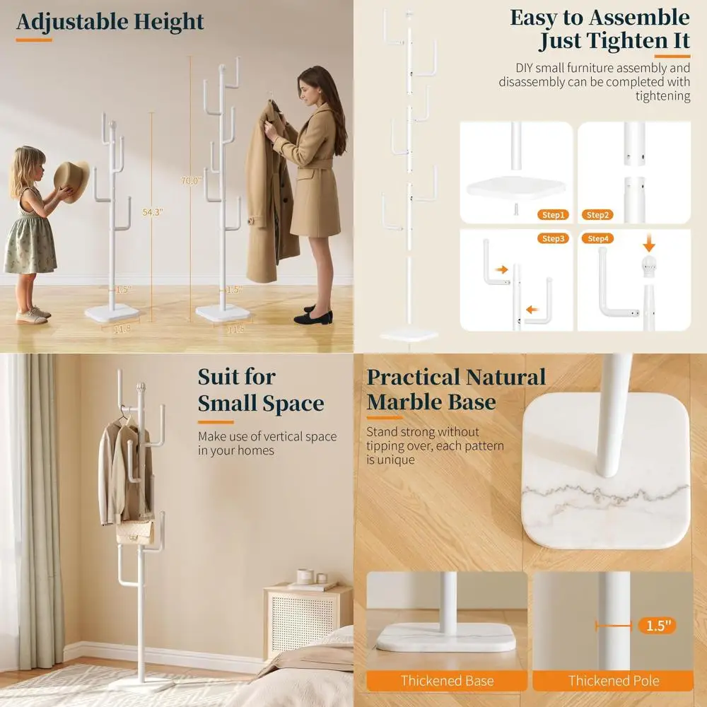 

Вешалка для одежды в стиле кактуса с 6 крючками и основанием из натурального мрамора - прочная металлическая стойка для прихожей или коридора