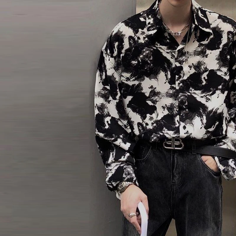 Men Clothing Spring Korean Fashion Vintage Ink Painting High Street Shirt Casual Lapel Long Sleeve Loose Tops Camisas De Hombre