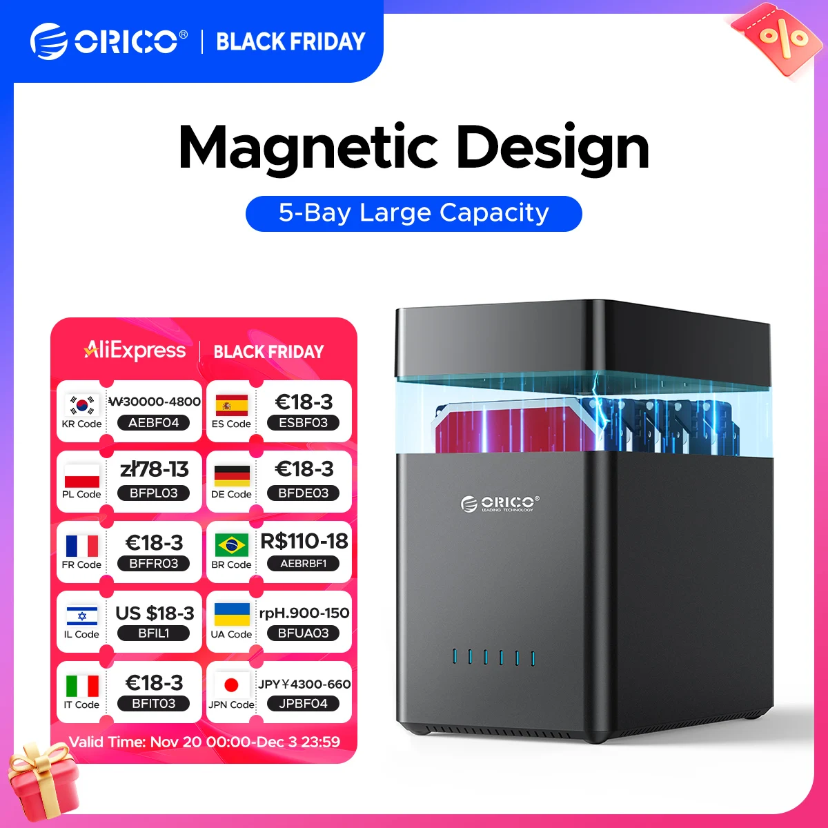 

ORICO DS500 Series 5 отсеков 3,5-дюймовый корпус для жесткого диска типа C Магнитный корпус для жесткого диска SATA3.0 12V6.5A для геймеров альткомов-майнинга