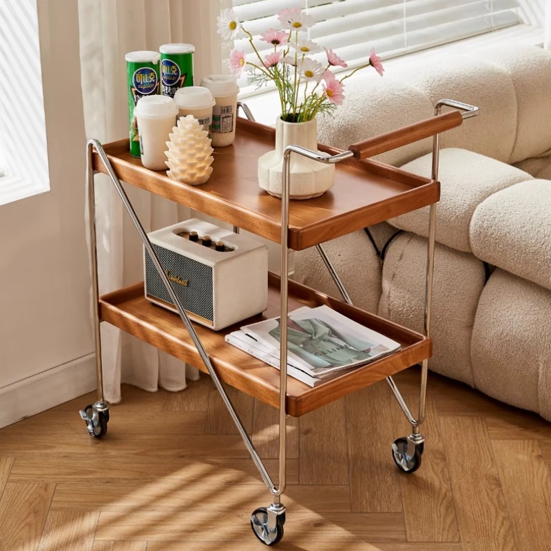 

Mobile Solid Wood Rolling Cart Mid-Century Modern End Table for Living Room Furniture Multi-Functional Kitchen Storage Organizer