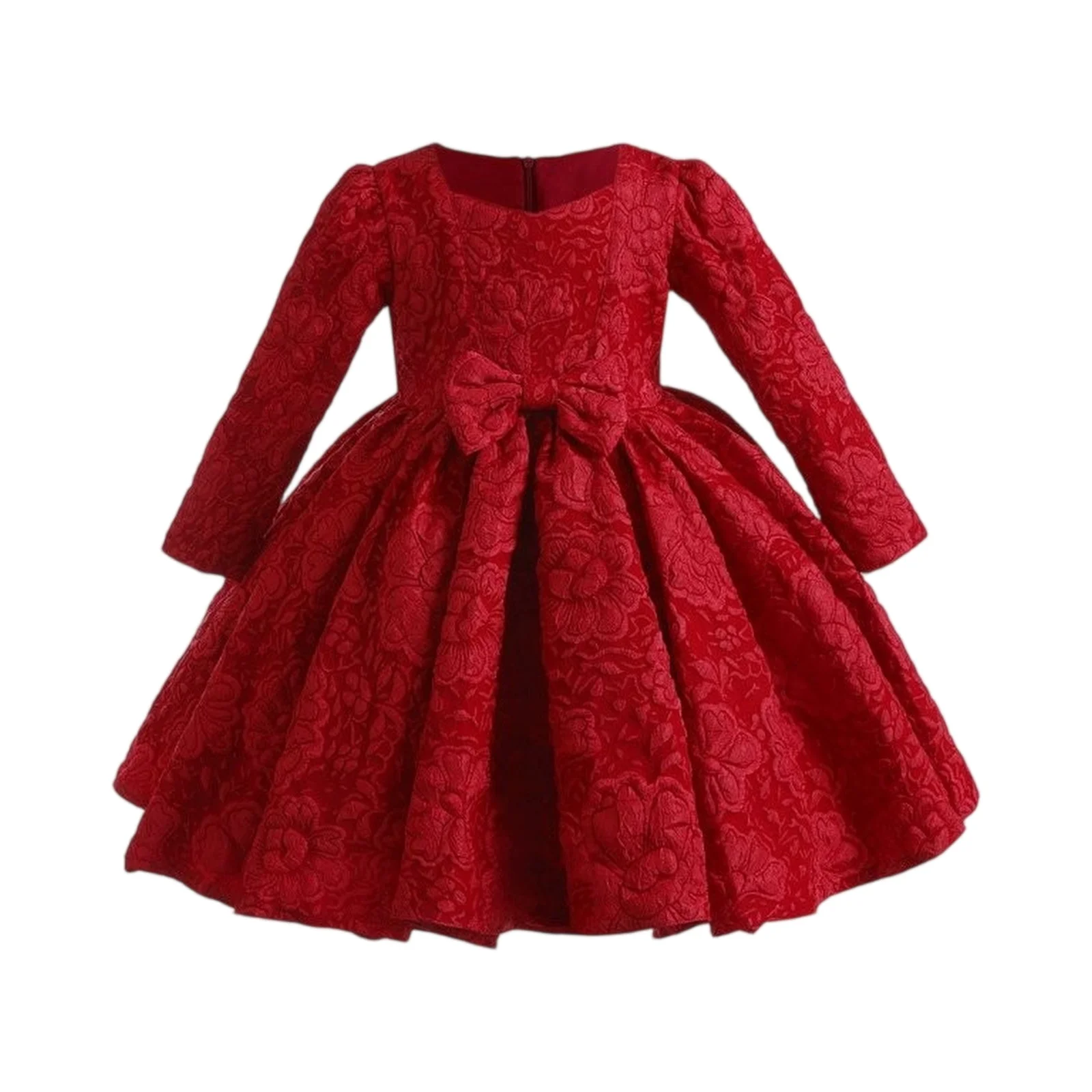 

New Year Girls Long Sleeved Bow Solid Color Dress Christmas Fashion School Performance Graduation Ceremony Evening Dress