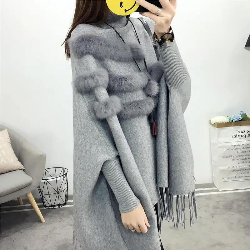 

Batwing Sleeve Female Clothing Ponchos Loose Casual Turtleneck Autumn Winter Fashion Tassel Vintage Solid Color Knitted Capes