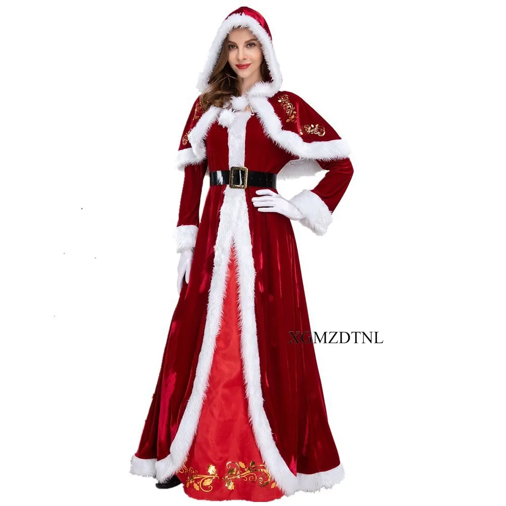 2023 Christmas Cosplay Costume Adult Women Red Dress Hooded Cloak Festival Party Performance Suit High Quality 2024 New Year