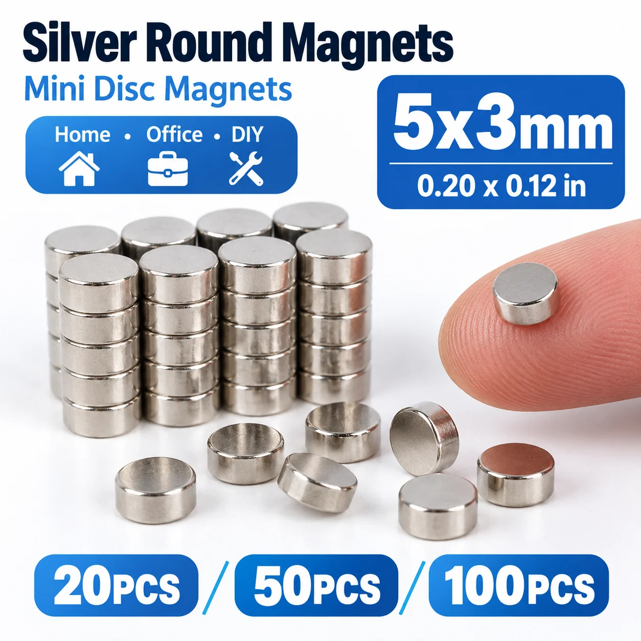 5x3mm Small Round Magnets, Silver Mini Disc Fridge Magnets for Office, Home, DIY Projects, Photos, Notes and Decoration