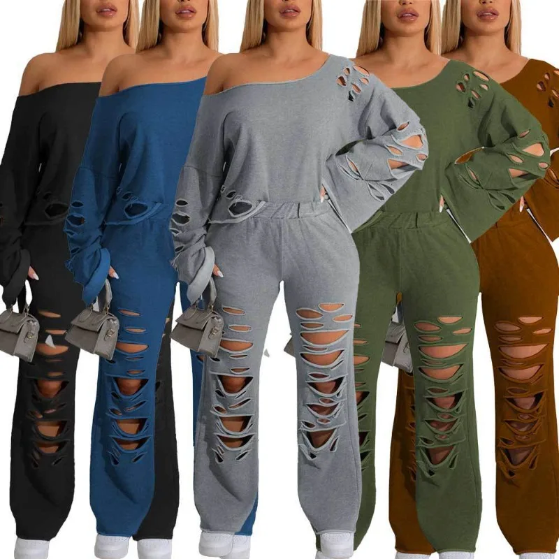 Ripped Distressed Hole Women 2‑Piece Outfit Loose Off‑Shoulder Sweatshirt Long Pants Fashion Casual Tracksuit