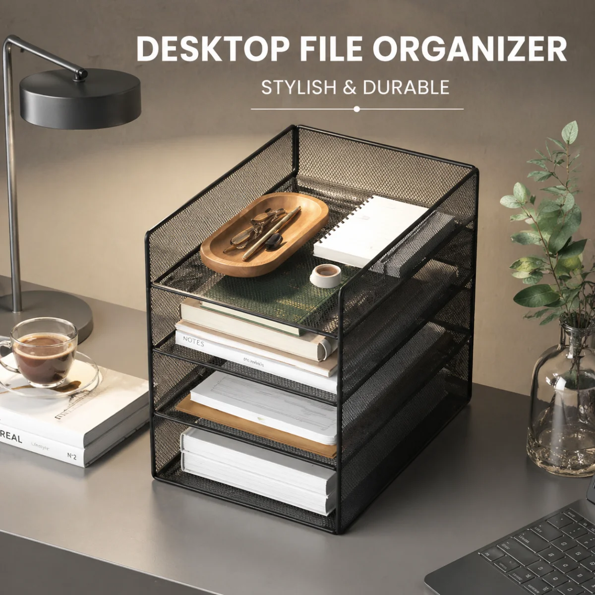 lack File Organizer Rack for Desk, Integrated Design Document Holder Sorter, Durable Office Storage Tray for A4 Papers