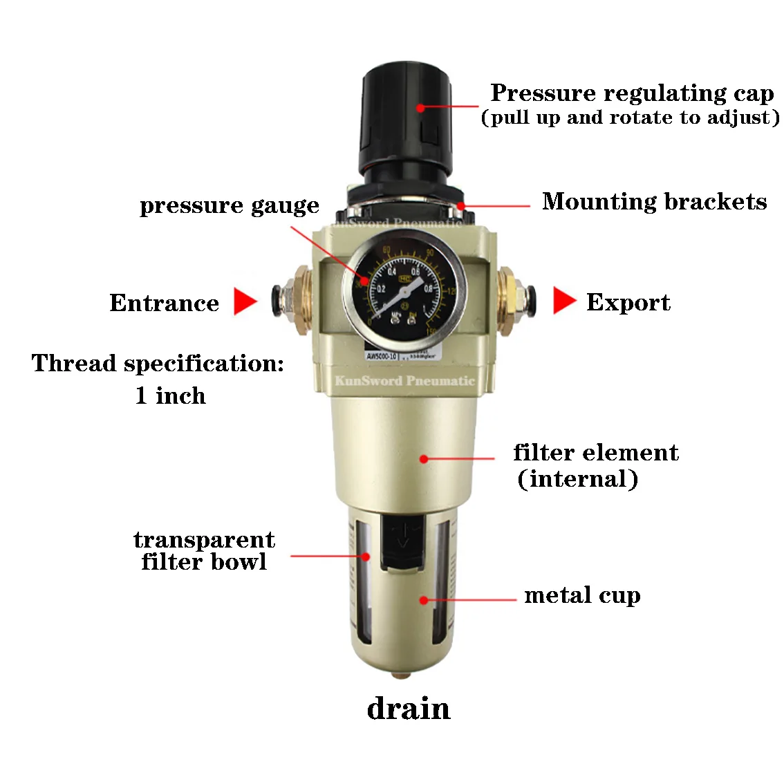 1Pcs AW5000-10D Air Source Processor Pneumatic Accessories Air Pump Pressure Reducing Valve Filter Pressure Regulating Valve