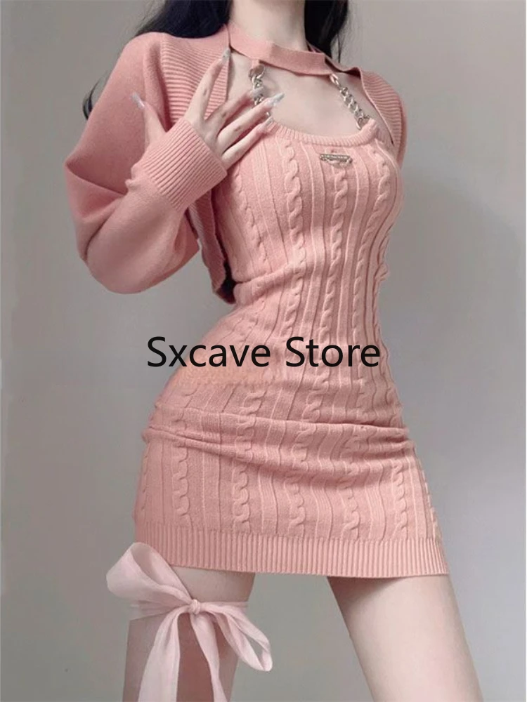 2023 Autumn Pink Knitted Suits Office Lady Casual Y2k Crop Tops + Mini Dress Korea Fashion Clothing Even Party 2 Piece Dress Set