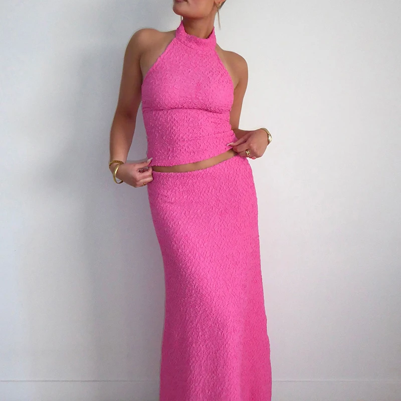 

Sexy Halter Sleeveless Top with Long Skirt Women Outfit Elegant Solid Backless Party Suit Fashion Hollow Summer Two Piece Sets