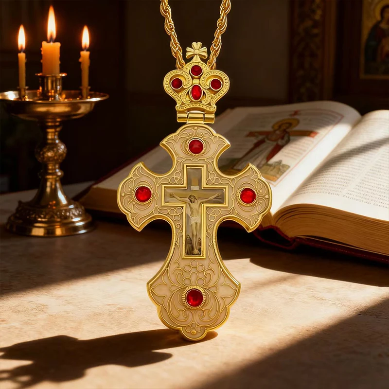 Neue 2026 Luxus-Emaille-Orthodoxe-Kreuz-Halskette mit rotem Kristall & vergoldetem Kruzifix-Ikonen-Schmuck für Priester, Liturgie & Sakramente – Detail 12