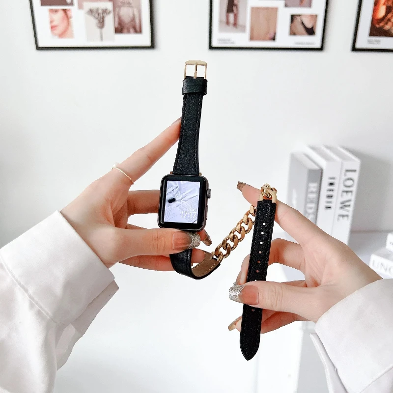 حزام من الجلد لساعة أبل 38 مللي متر 40 41 42 44 45 46 49 مللي متر سوار نسائي نحيف لسلسلة iWatch 10 9 8 7 se 6 5 4 3 Ultra 2