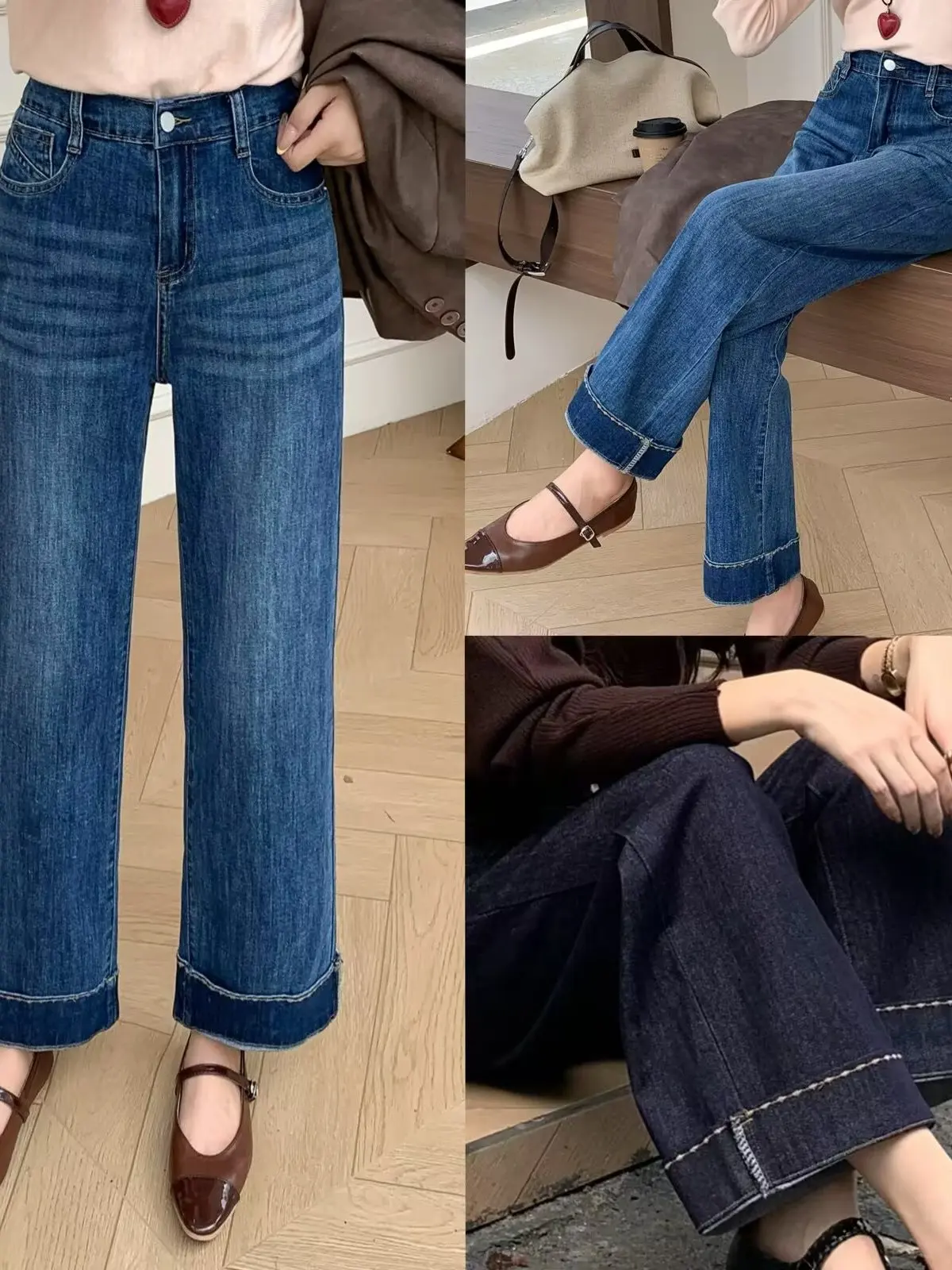 High Waist Wide Leg Pants Draped Feel Denim High Elasticity Korean Style plus Size Women's Autumn New Fashion Slimming Straig...