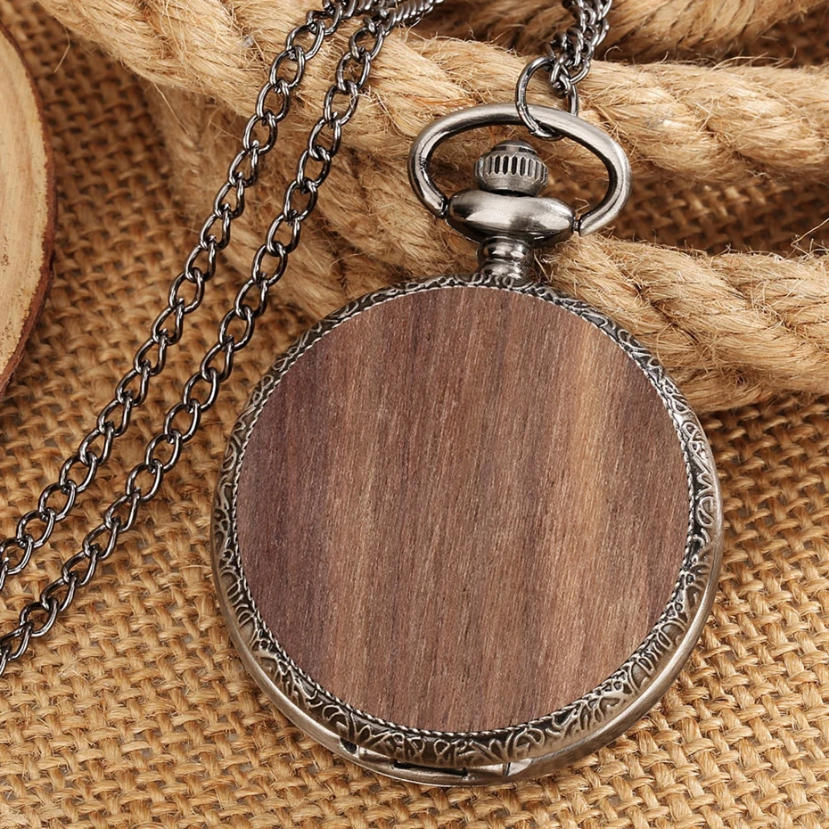 New Natural Walnut Wood Simple Pure Cover Design Quartz Pocket Watch Watch Chain Pendant Retro Necklace Clock for Men Women 2022