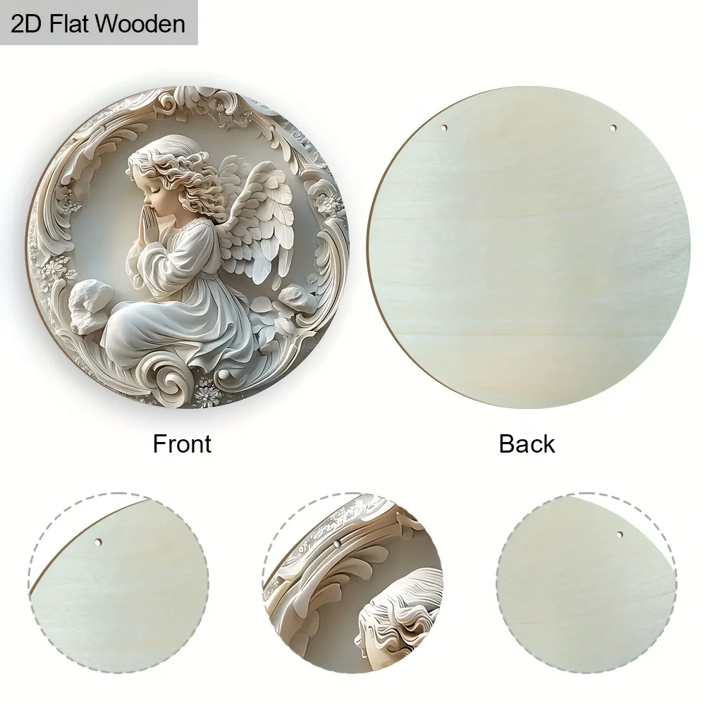 2D Flat - Round Wooden Sign Featuring a Design of Angel Wings And Curls in a 2D Flat Style, Perfect for Decorating Gardens And B