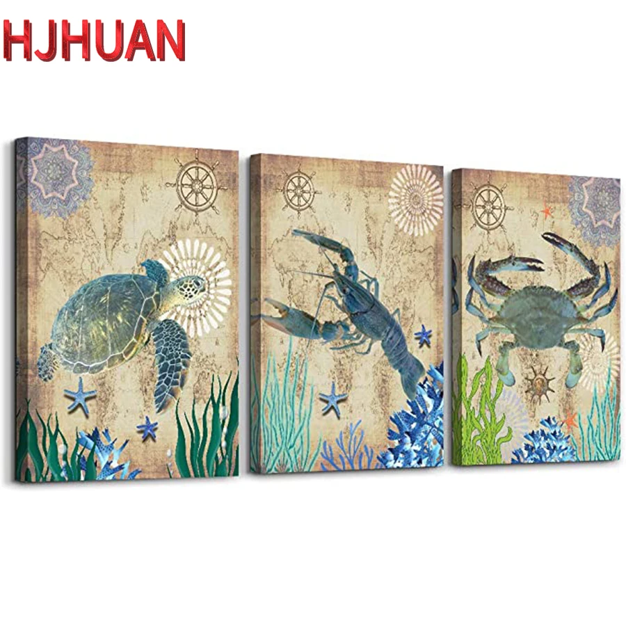 

3pcs Full square diamond painting Vintage art sea turtle crab lobster full diamond embroidery rhinestone mosaic diamond inlaid