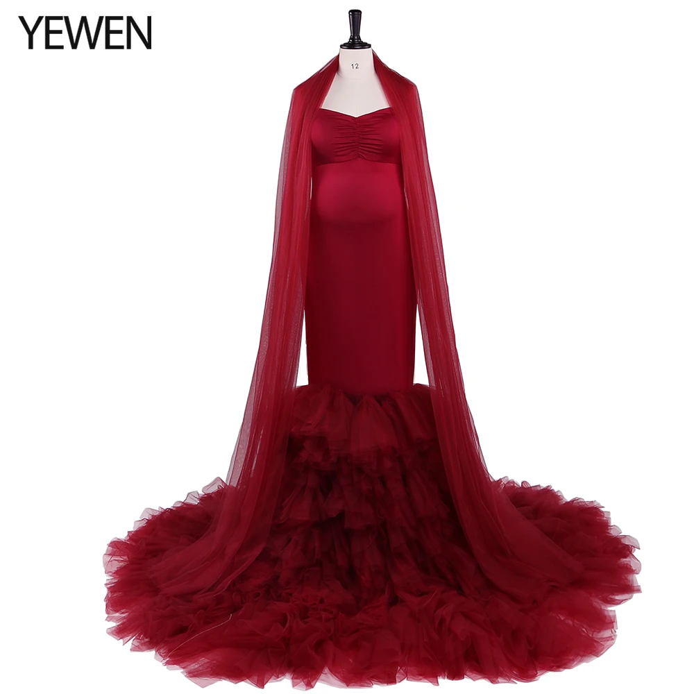 New Design Burgundy Strapless Mermaid Evening Dress Maternity Gown for Photo Shoot Woman Party Night Dress YEWEN