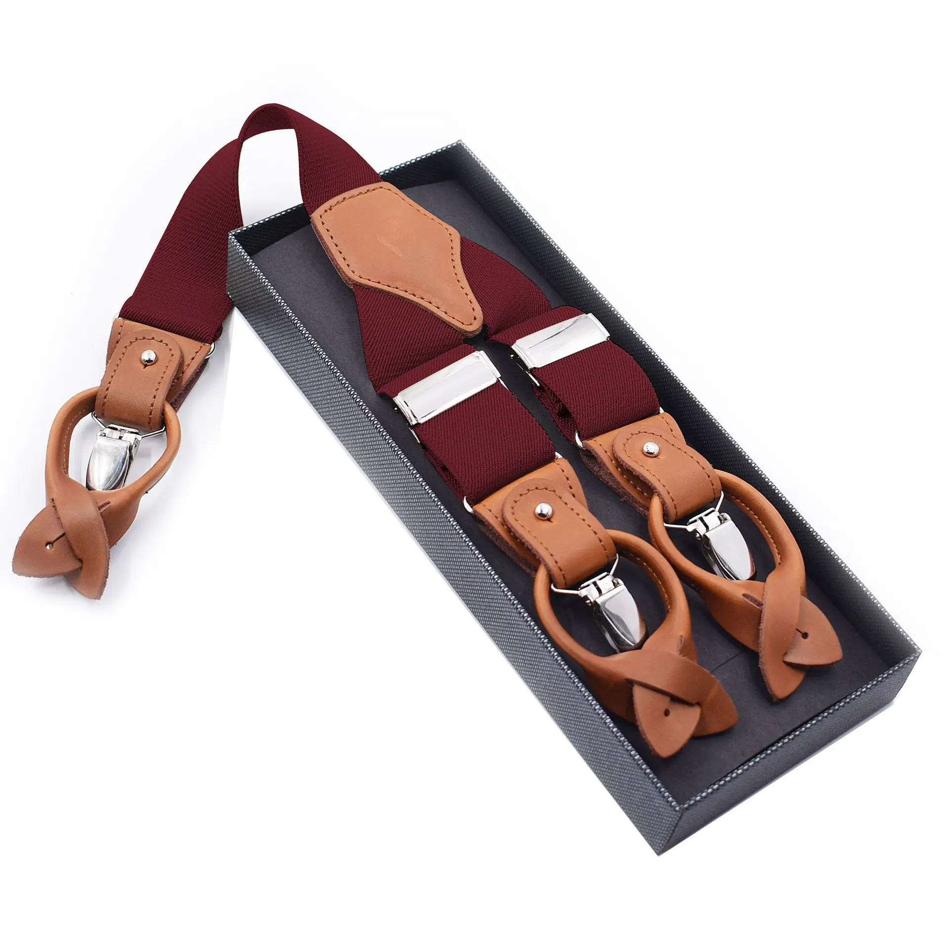 3.5cm Elastic and Stretchable 6-clip Adult Male Office Worker Shoulder Strap Clip Dual-purpose Brown Leather Adjustable Hanging
