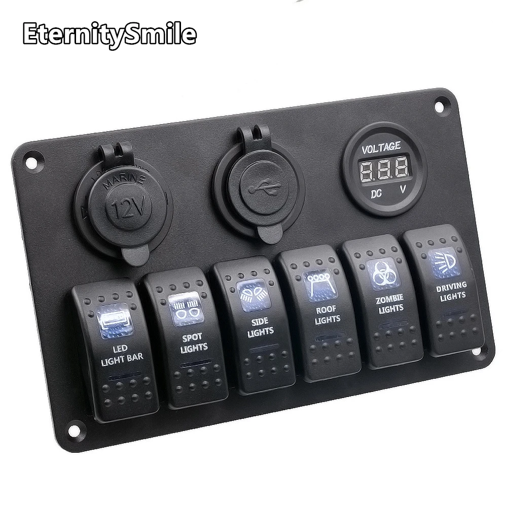 

DC12V-24V 6 Gang Switch Panel Waterproof IP65, Aluminium Rocker Switch Panel With USB/Voltmeter/Power For Marine Boat Auto Car