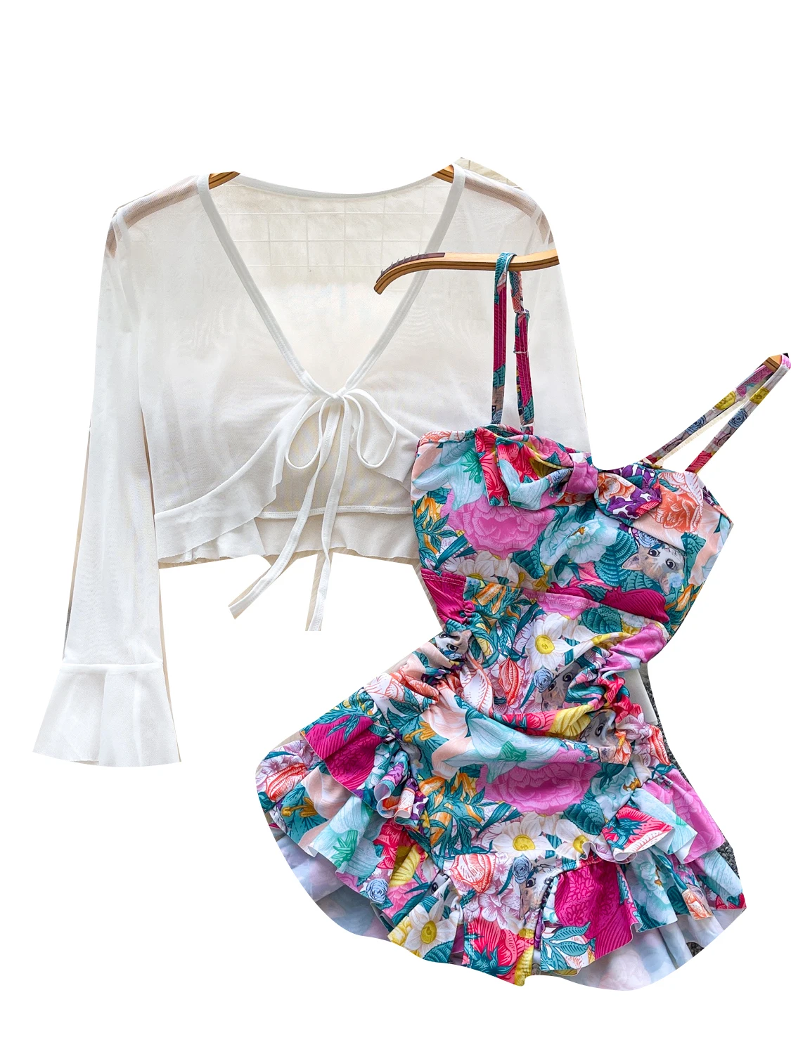 ビーチバケーション 花柄プリント ワンピース水着セット レディース スリムフィット カバーアップ 軽量カーディガン アウター 夏休み