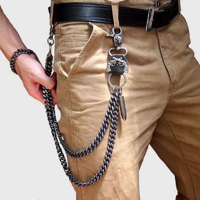 Trendy Rock Men's Skull Ghost Head Metal KeyChain Hip-hop Punk Jeans Pants Trousers Waist Chain Two Strands Biker Keychain Props