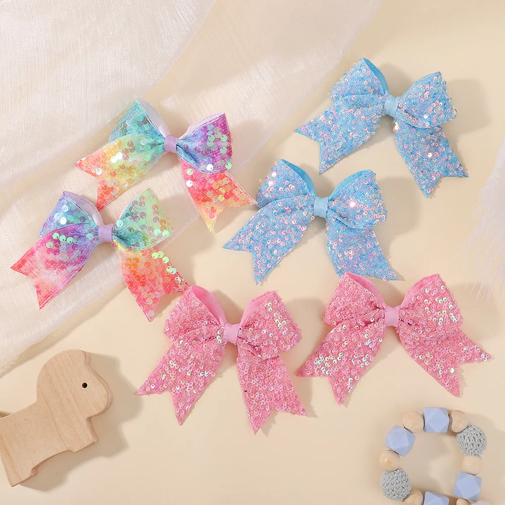 2pcs/set 3.93'' Glitter Sequins Bows Hair Clips for Baby Girls Cute DIY Handmade Hairpins Barrette Festival Hair Accessories