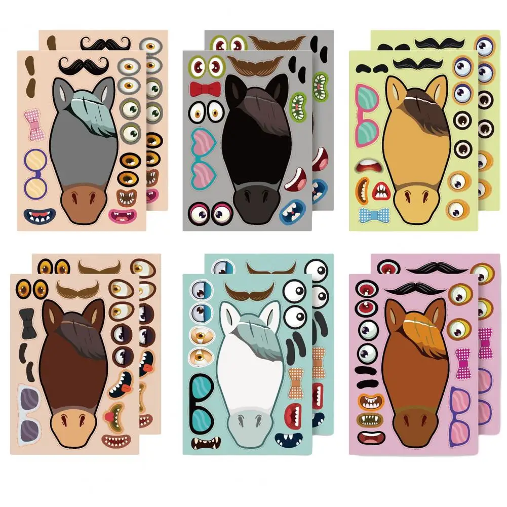 Stiker wajah ม้าน่ารักสำหรับเด็ก12แผ่นแบบทำหน้าสติกเกอร์เด็กงานฝีมือสนุกๆการศึกษาความคิดสร้างสรรค์สติกเกอร์ปริศนาศิลปะ