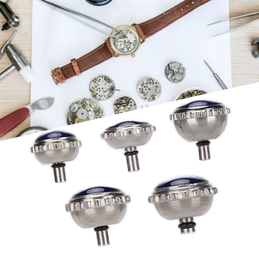 5 قطعة أجزاء تاج الساعة الزرقاء الصلب أحجام مختلفة بالون أنبوب قصير ساعة أزرار التاج ساعة بالون إصلاح ساعة التاج