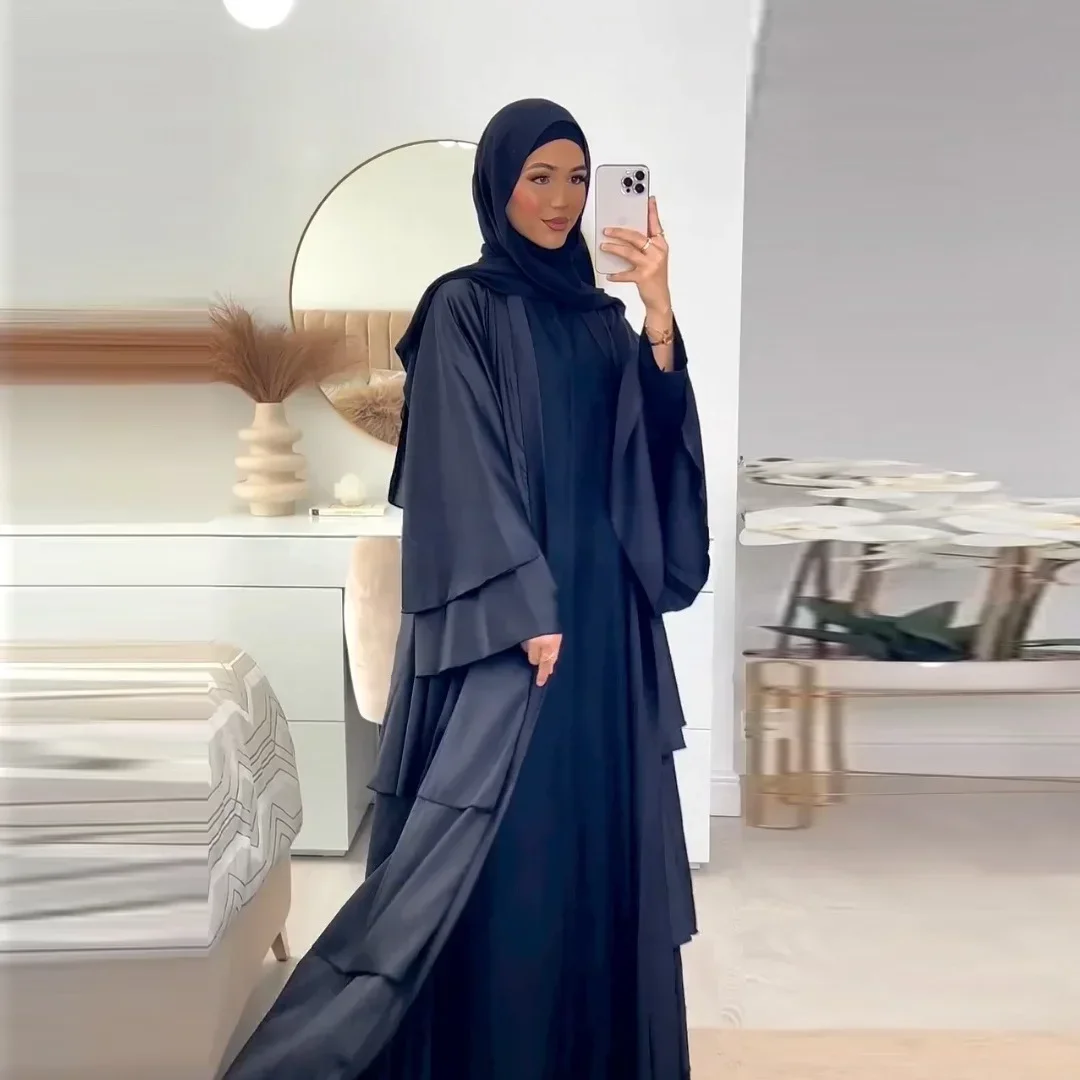 Satin Abaya Dubai gaun Abaya terbuka Ramadan mewah pakaian Islami Turki Arab untuk wanita Muslim Kimono wanita Muslim Kaftan