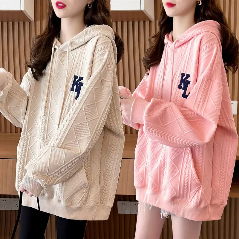 Women\'s Solid Hooded Drawstring Spring and Autumn Hoodies Plus Size Loose Korean Long Sleeve Printed Letter Pullover Casual Tops