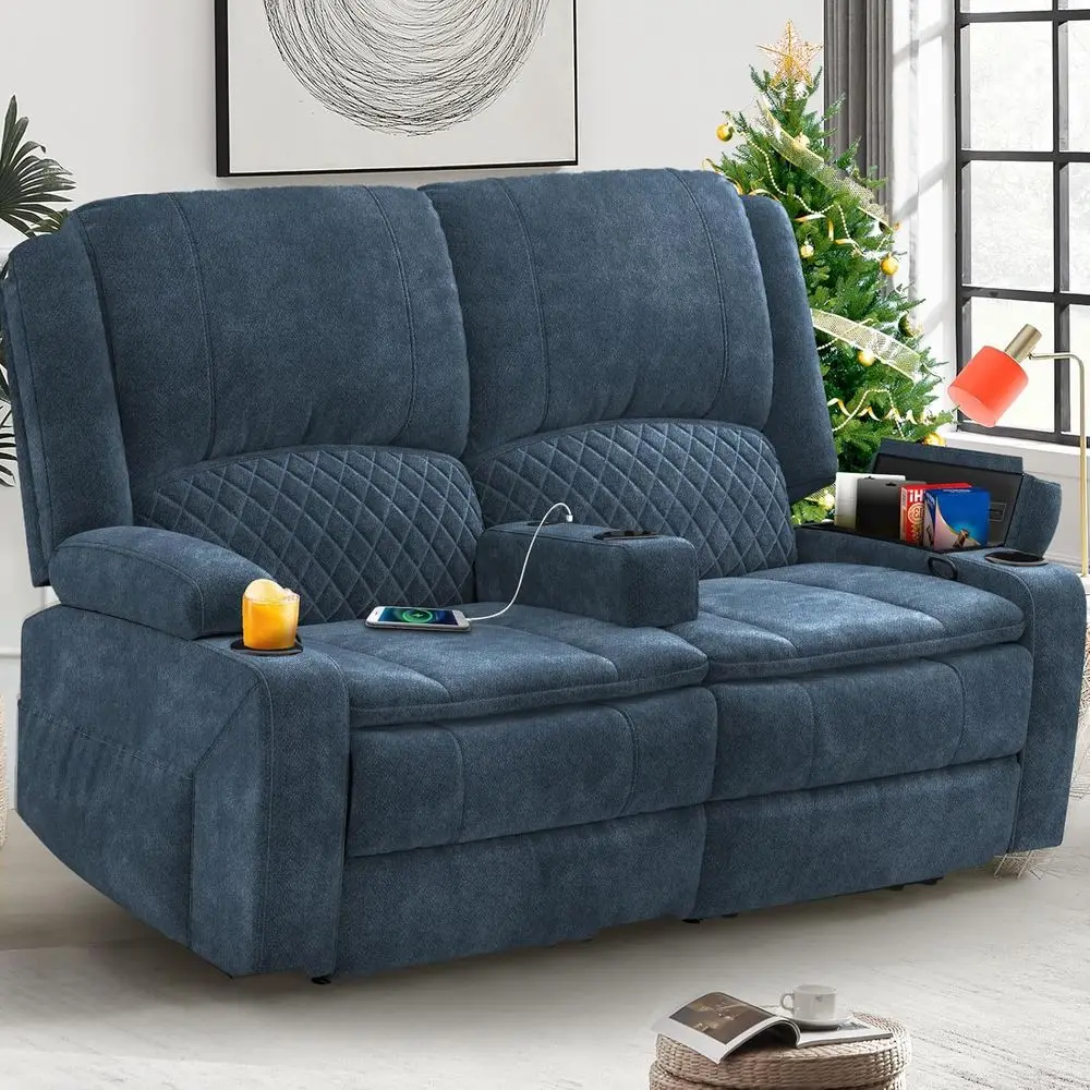 

Blue Velvet 2-Seater Reclining Loveseat with Removable Armrest, 2-Tier Cushions, USB Ports, Cup Holders